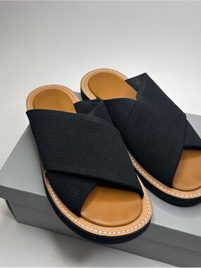 Everlane Black Mesh Crisscross Slide Sandals with Tan Footbed